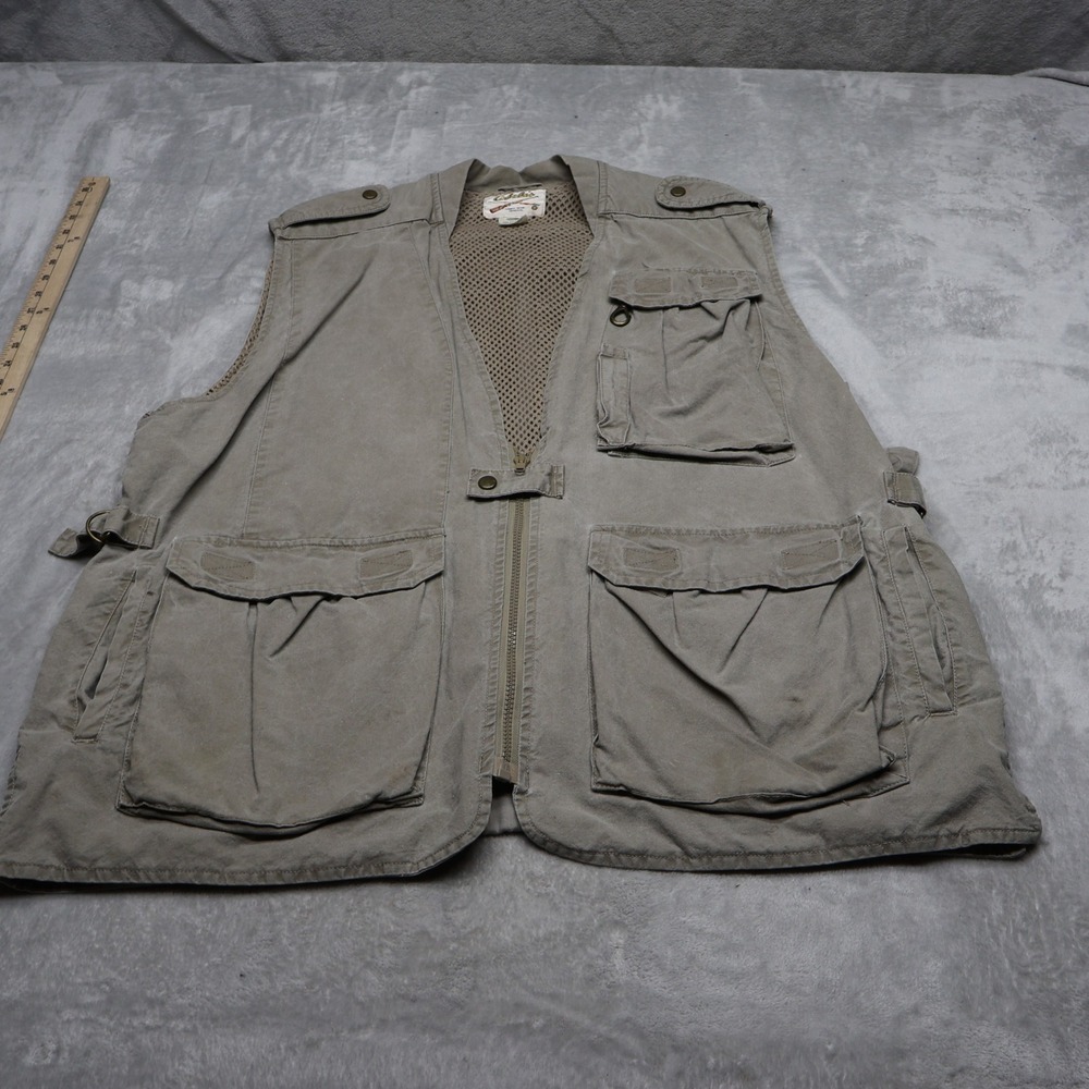 Cabelas Fishing Vest Mens XL Beige Canvas Utility Cargo Pocket Full Zip VTG